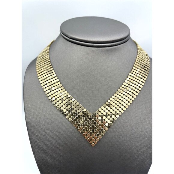 Vintage Mesh V Shaped Collar Necklace Gold Tone 16” - Picture 6 of 6